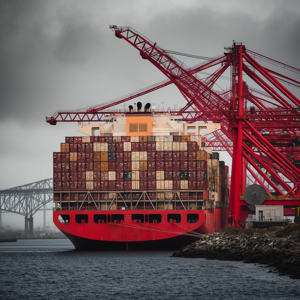 A monumental red container ship sits at an industrial seaport, its deck stacked high with a dense grid of rectangular shipping containers in shades of crimson, cream, ochre, and charcoal. To the right, towering bright red gantry cranes feature intricate steel lattice frameworks and massive booms reaching over the vessel above a rocky shoreline. Deep, rippled harbor waters surround the ship. In the hazy background, a sprawling steel truss bridge stretches across the horizon. Shot with telephoto compression under a moody, overcast gray sky, the composition highlights the immense scale and structural geometry of maritime infrastructure.