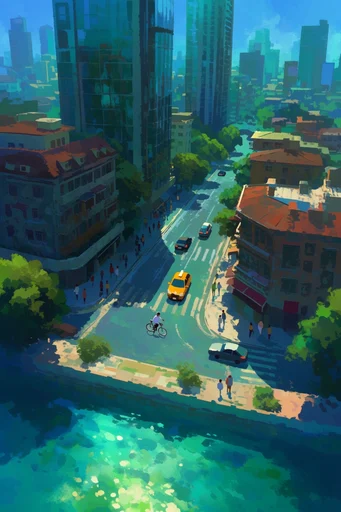 Luminous Verdant Horizons style reference image — high-angle bird's-eye view