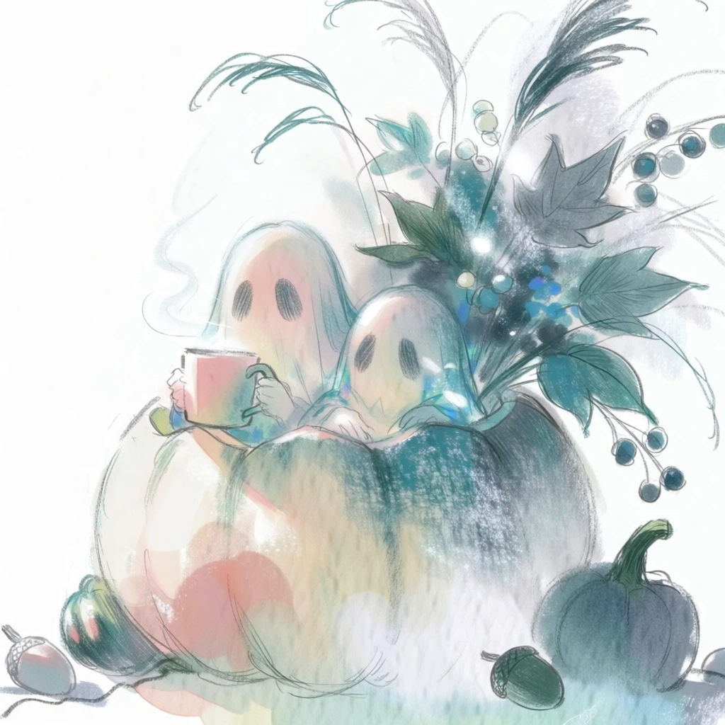 two diaphanous ghosts nestled inside a large carved pumpkin, one ghost holding a small mug, an airy bouquet of tall tenuous grasses, autumn leaves, and berries rising behind, scattered gourds and acorns at the base, delicate graphite linework and diluted pigment washes, blown-out high-key white background, desaturated palette of muted teal and soft peach, visible toothy paper texture, expressive loose-bristle brushstrokes, luminous ethereal atmosphere, minimalist composition.