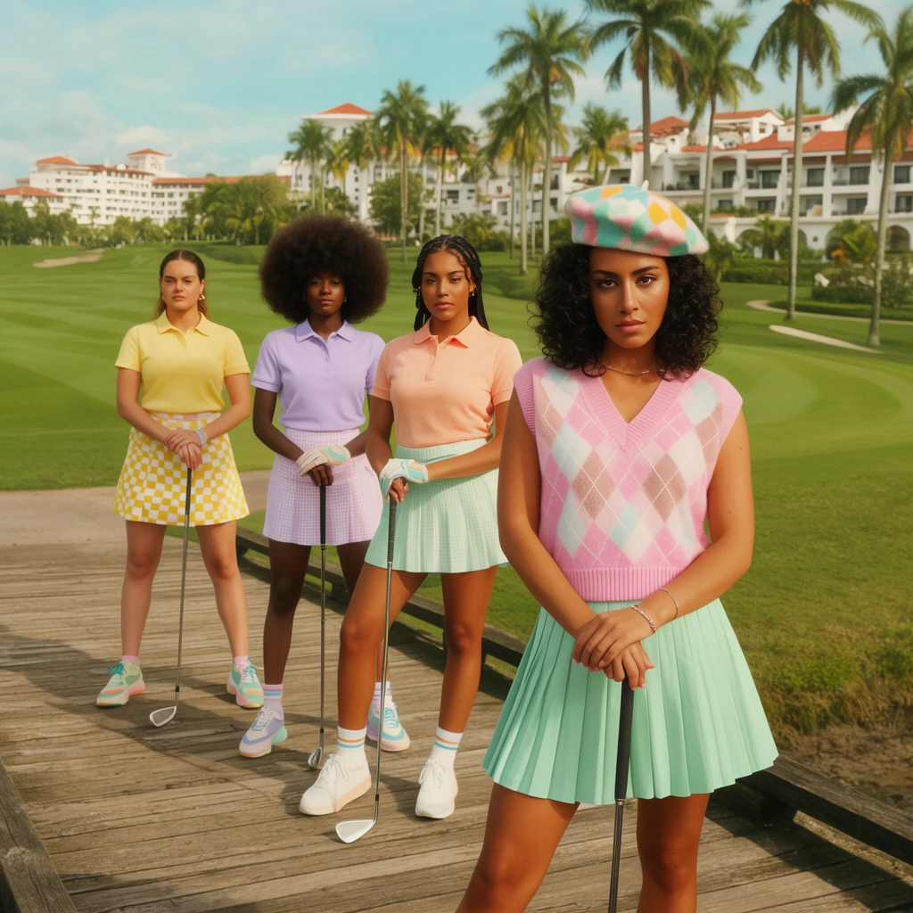Four women stand in a staggered diagonal formation on a wooden walkway across a lush golf course, confidently posing with metal golf clubs. The foreground woman wears a pink argyle sweater vest, a mint green pleated mini skirt, and a patterned beret over dark curls. The women behind her wear pastel retro athletic attire including a yellow polo with a checkered skirt, a lavender polo with a large afro, and a peach polo with braids. The expansive background features rolling manicured fairways, tall palm trees, and sprawling white resort buildings with red tile roofs. Bright, sunny daylight and warm, highly saturated cinematic color grading highlight the vivid pastel color palette and stylized fashion editorial aesthetic.