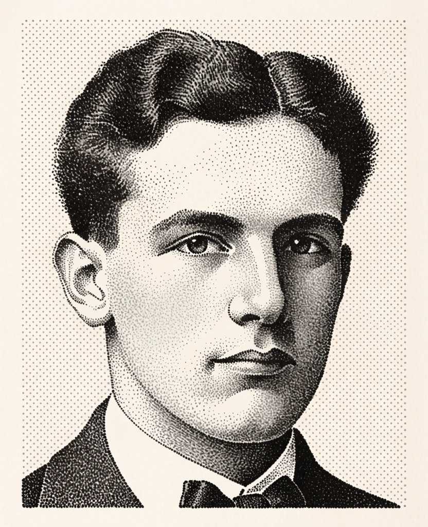 A monochrome vintage-style portrait shows a young man from the chest up, turned slightly to the left, with a calm, serious expression and carefully groomed wavy hair, rendered as if from an old newspaper or engraved print on cream paper. Stipple illustration, halftone dot shading, pen-and-ink reproduction, vintage portraiture, archival print aesthetic, newspaper engraving feel, early 20th-century studio portrait influence, realistic but graphic, restrained, dignified, nostalgic, medium visual complexity, high detail in hair and facial planes, visually adjacent to Chuck Close’s dot-based portraits, newspaper engravings, old yearbook prints, black ink on warm ivory paper, limited palette, sepia-tinged background, high contrast, soft tonal transitions made by dot density, flat even exposure, no visible camera depth effects, no motion blur, slight paper grain, slight print irregularity from dot pattern. The portrait is centered inside a rectangular field of dense and sparse black dots, leaving a broad cream border around all four sides. The man’s head occupies most of the upper and middle frame, with the top of his dark, thick, wavy hair nearly reaching the upper edge of the printed rectangle. His forehead is broad and bright, formed by relatively sparse dots, and his eyebrows sit low and straight above deep-set eyes that look off-frame left. His nose is long and narrow, extending down the center-left area of the face, with the nostrils and underside more heavily shaded. His lips are closed and neutral, placed slightly left of center, with a defined upper lip and a fuller shadowed lower lip. His jawline is strong and angular, descending into a shadowed neck at the lower center. On the right side of the image, his ear is sharply visible and bordered by very dark shading in the hair and side of the head. The lighting appears to come from front-left, leaving the right cheek, right temple, and right neck in much heavier darkness. He wears a dark suit jacket at the lower left and lower right, a white shirt collar opening into a V shape at the bottom center, and a neatly tied bow tie directly beneath the chin. The background inside the printed rectangle is entirely made of evenly spaced dots, lighter behind the forehead and left cheek and denser around the right side of the head, making the face stand out.