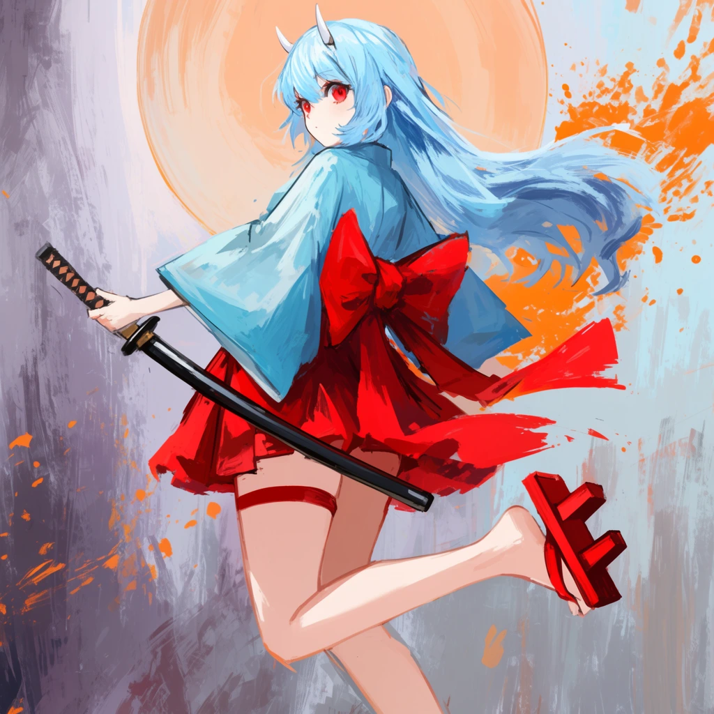 A dynamic digital illustration features a young anime-style woman with flowing light blue hair and small white horns floating against an abstract background. Looking over her shoulder with vivid red eyes, she wears a loose light blue kimono top, a short red pleated skirt with a massive back bow, a red thigh strap, and red single-tooth wooden geta sandals. She holds a sheathed katana in one hand. Rough, expressive brushstrokes of gray, purple, and pale blue fill the environment, accented by chaotic orange paint splatters. A large pale orange circular halo frames her head, completing the vibrant, painterly aesthetic defined by energetic, textured brushwork.