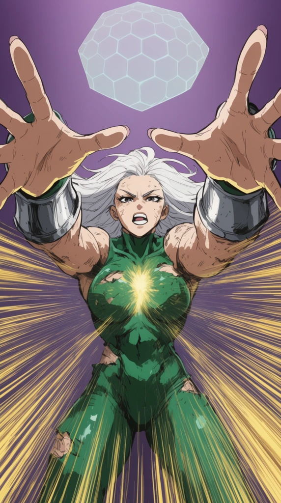 A muscular female anime warrior with flowing white hair reaches both hands forcefully upward, her open palms stretching toward the viewer in an extreme, foreshortened low angle. She wears a battle-damaged, emerald green combat suit with silver gauntlets. Intense, radiating yellow motion lines converge rapidly on her glowing chest. A translucent hexagonal energy shield hovers above her head. The background is a smooth purple gradient, contrasting sharply with the dynamic, cel-shaded action lines and extreme perspective to emphasize a powerful, triumphant stance.