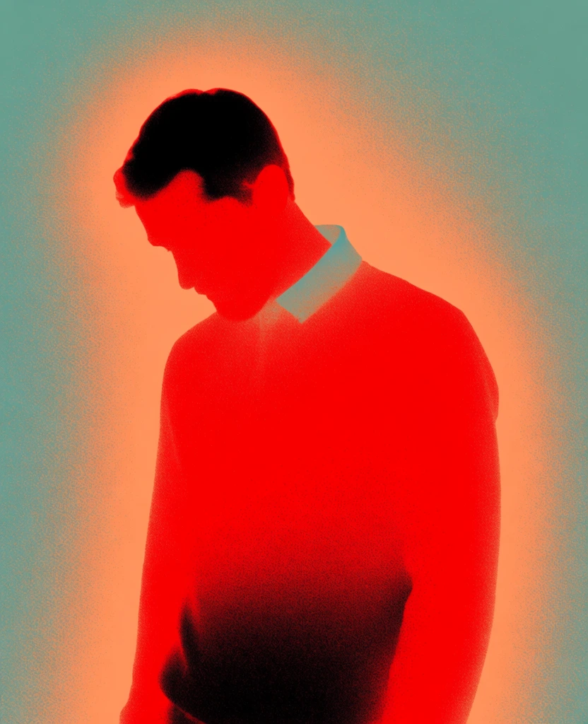 A vibrant, grain-textured digital artwork features a stylized red silhouette of a man centered against a glowing orange and teal background. The male figure is depicted from the waist up, his head bowed forward and angled toward the left side of the frame. His form is rendered in a deep, saturated red with black shadows defining the top of his head and the lower portion of his torso, while a faint collar shape is visible behind his neck. Surrounding the red silhouette is a bright, peach-toned aura that follows the contours of his body and bleeds into a larger field of muted teal. The entire image is covered in a heavy, stippled grain texture, giving it the appearance of a thermal camera capture or an airbrushed painting. The composition is a centered, vertical portrait with high contrast and a vivid color palette, where the primary source of light appears to emanate from the central figure.
