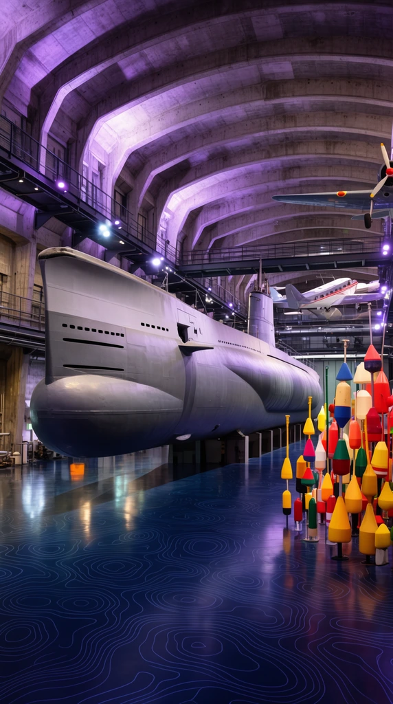 A cavernous concrete hangar displays a massive grey submarine suspended over a polished dark blue floor patterned with topographic lines. Tall brightly colored conical buoys cluster to the right. Elevated metal walkways and a suspended airplane fill the vaulted upper space, illuminated by dramatic purple and white industrial spotlights.