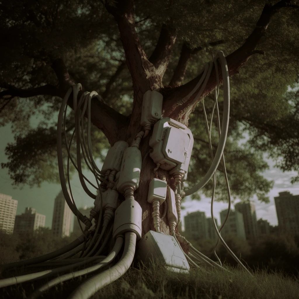 a gnarled tree trunk fused with matte mechanical components and cybernetic conduits, thick industrial cables and tangled wiring cascading from branches to wrap around roots, a silhouetted cityscape lining the lower horizon under a pale clear sky, rendered in a muted desaturated palette of olive greens and sepia browns, soft-focus bokeh, filmic grain, diffused overcast lighting, low contrast, melancholic atmosphere, tactile organic-industrial textures.
