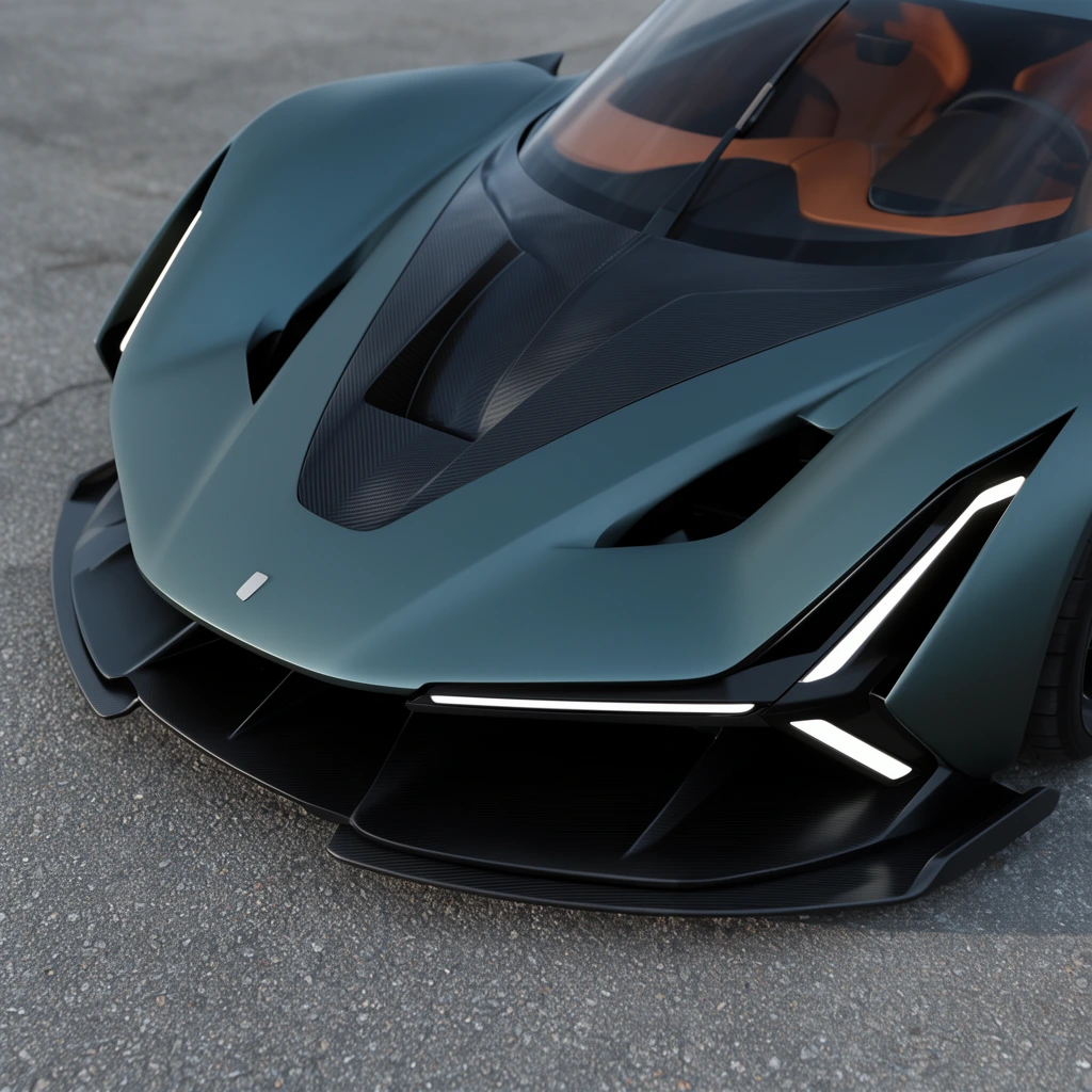 A high-angle close-up of a futuristic hypercar finished in matte slate-teal. The aggressive front fascia features a carbon-fiber hood with a deep central scoop and sharp, angular LED headlights glowing within deep black intakes. A sleek carbon-fiber splitter hovers just above textured grey asphalt. Through the sloping windshield, a warm cognac-leather interior is visible under soft, diffuse outdoor lighting.