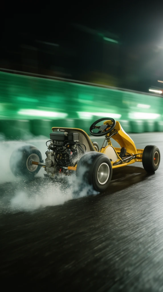 Yellow go-kart speeding on dark asphalt, rear three-quarter view, billowing white tire smoke and spray, exposed engine mechanics, heavy motion blur on glowing green background barriers, low camera angle, cinematic night lighting, high-speed action photography