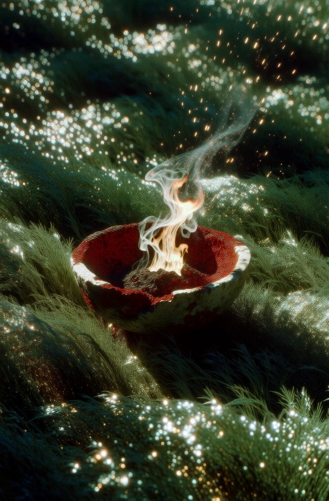 cinematic high-angle shot of a weathered stone bowl with a roaring orange flame and wispy rising smoke, golden sparks drifting upwards, set in a dense field of shimmering emerald green grass illuminated by thousands of tiny bokeh-like light points, dramatic chiaroscuro lighting with deep shadows, rich vibrant saturation, ethereal fantasy aesthetic, hyper-detailed textures, dreamlike atmosphere, digital art style, glowing highlights reflecting off every surface.
