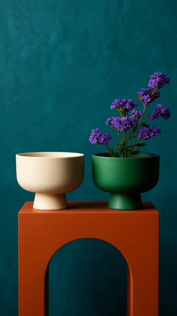 minimalist still life, two pedestal bowls on a burnt orange arched plinth, cream bowl, green bowl holding a sprig of purple flowers, deep teal textured wall, vivid color blocking, soft directional light