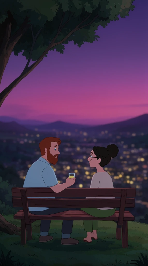 A 2D animated illustration of a man and woman sitting on a wooden bench at twilight, gazing at each other. The man on the left, with a reddish-brown beard and light blue shirt, holds a small glass of yellow liquid between them. The woman on the right wears glasses, her dark hair in a bun, with a light top and green pants. They sit on a grassy hill overlooking a vast valley filled with blurred, glowing yellow city lights and dark mountain silhouettes. A leaning tree canopy frames the left foreground. The smooth dusk sky transitions from vibrant magenta at the horizon to deep purple above, rendered with flat colors, clean linework, and soft atmospheric lighting.
