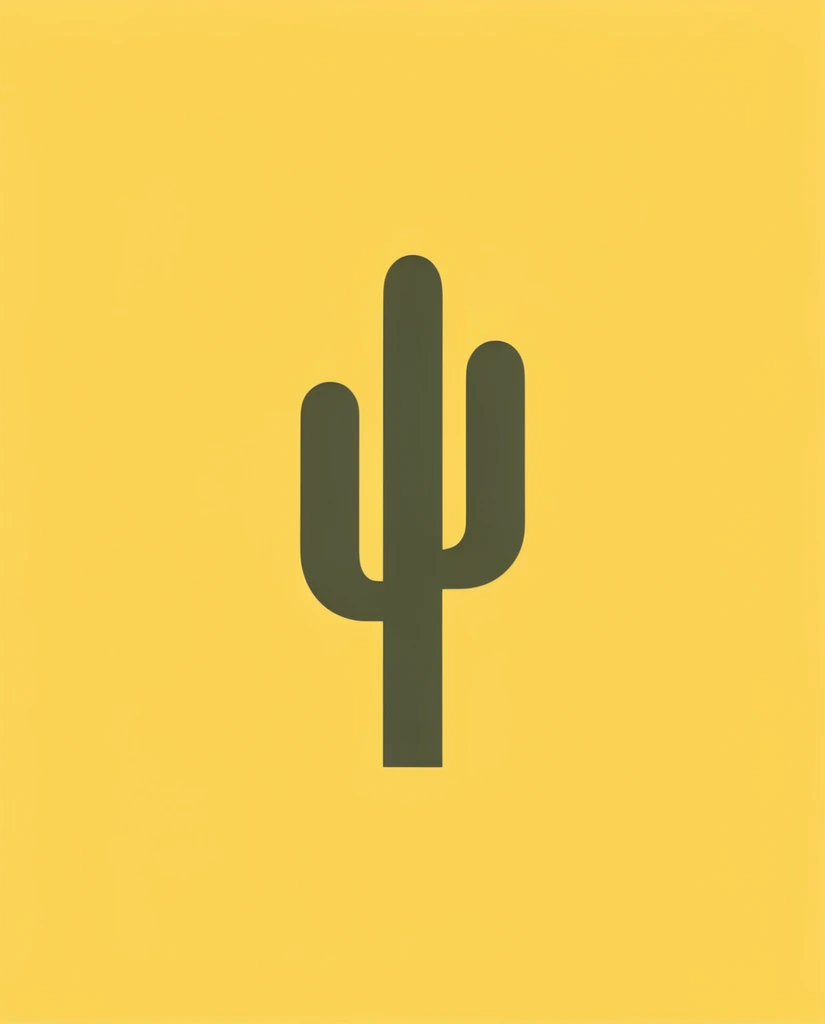 minimalist flat vector graphic of a stylized saguaro cactus, dark olive green silhouette, abstract geometric form, central vertical pillar, two rounded lateral arms extending upward at asymmetric heights, simple clean edges, solid untextured shapes, expansive solid bright yellow background, vast negative space, pure flat color field, modern graphic design aesthetic, two-color minimalist palette, high contrast, smooth unshaded vector illustration style, ultra-clean aesthetic, perfectly flat two-dimensional composition