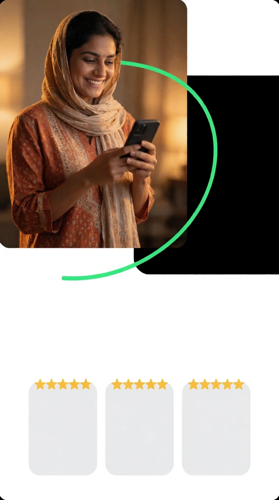 Smiling woman viewing a smartphone, rust-orange patterned tunic and draped headscarf, warm lighting, bright neon green curved line overlapping the photo, solid black block to the right, stark white lower background with three light gray rounded rectangles, each topped with five golden stars, clean geometric flat design layout