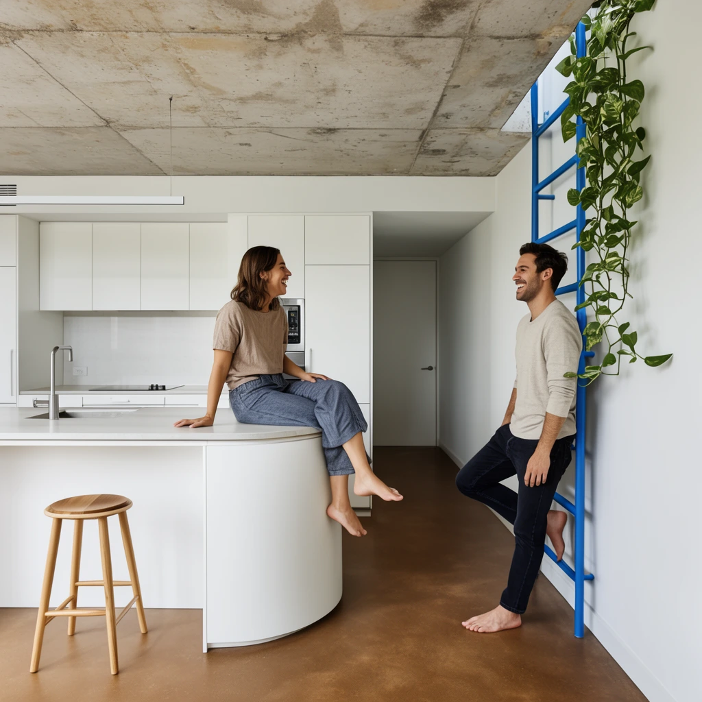 smiling barefoot couple interacting in a modern kitchen, woman seated on a curved white island counter, man leaning against a blue wall ladder with trailing green plant, raw exposed concrete ceiling contrasting with minimalist white cabinetry, smooth brown floor, wooden stool, bright natural daylight, architectural lifestyle photography