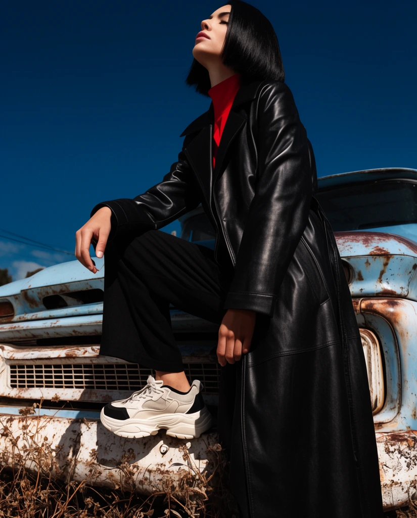 A woman with a black bob, wearing a black leather trench coat, red shirt, and chunky sneakers, rests one foot on a rusty light-blue vintage truck. Shot from a low angle against a stark blue sky, she tilts her chin upward aloofly. Harsh sunlight casts deep shadows across the weathered metal and dry weeds in this high-contrast fashion portrait.