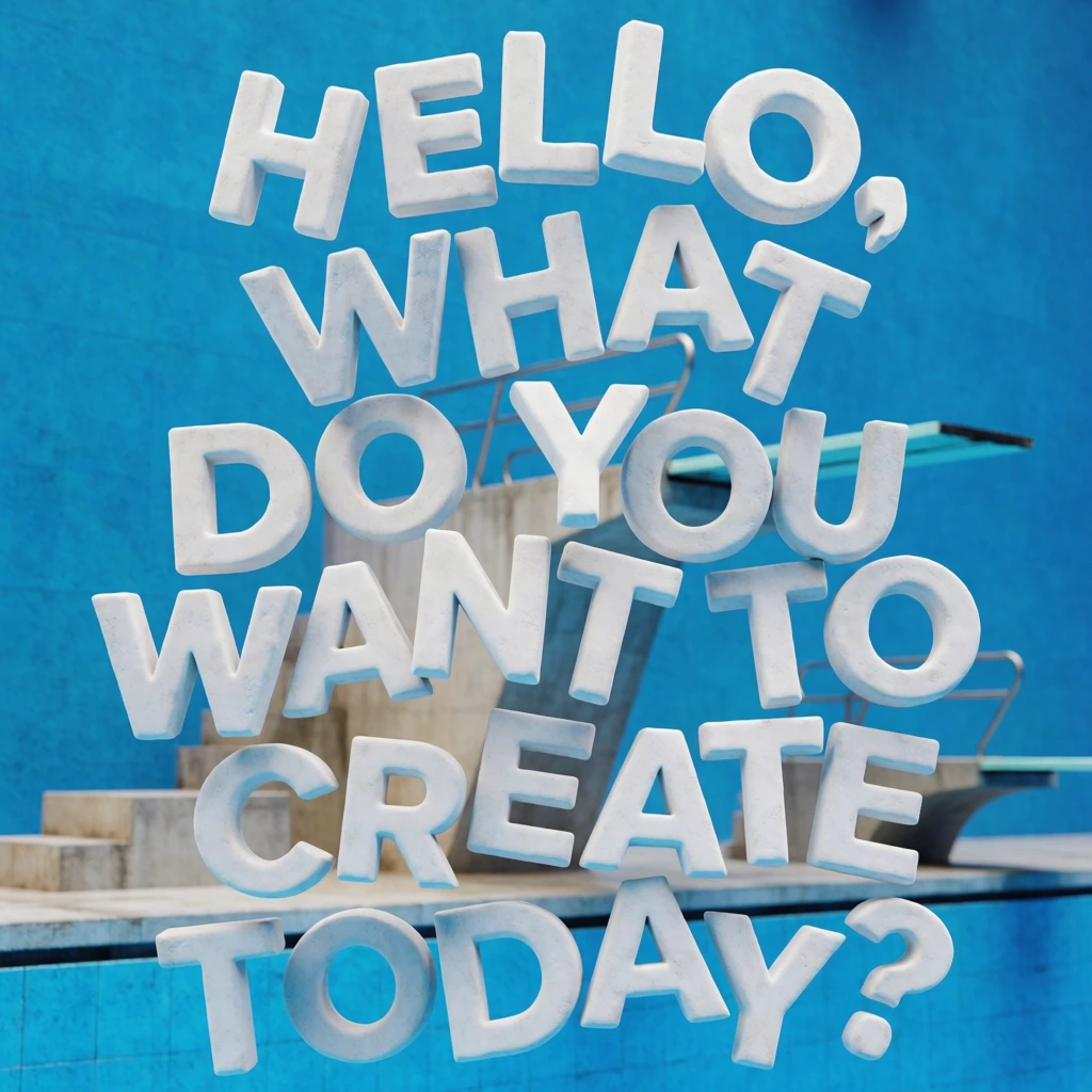stroboscopic multi-layered vertical composition, creative 3d lettering spelling "hello, what do you want to create today?", cascading down from concrete diving platforms like a frozen motion sequence, vibrant cerulean pool background, harsh direct overhead sunlight, sharp highlights, hyper-detailed textures, clean commercial photography aesthetic, chaotic organized layering, energetic kinetic atmosphere, bright summer color palette of turquoise and neutrals, high-contrast finish