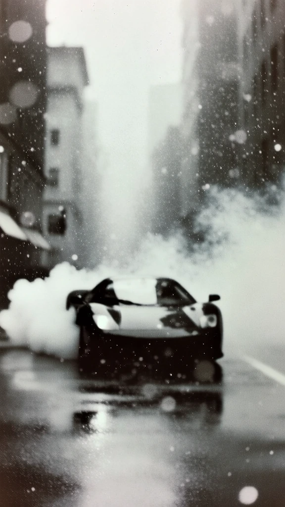 high-contrast monochrome photography, a sleek sports car on a wet city street, billowing clouds of smoke from the sides and rear, tall buildings lining the scene, extremely soft focus, dreamlike blurry impressionistic style, heavy film grain and noise, stark black and white palette, ethereal atmospheric lighting with white bokeh flecks mimicking falling snow, centered composition, moody cinematic texture, ethereal lo-fi aesthetic, grainy film-stock look