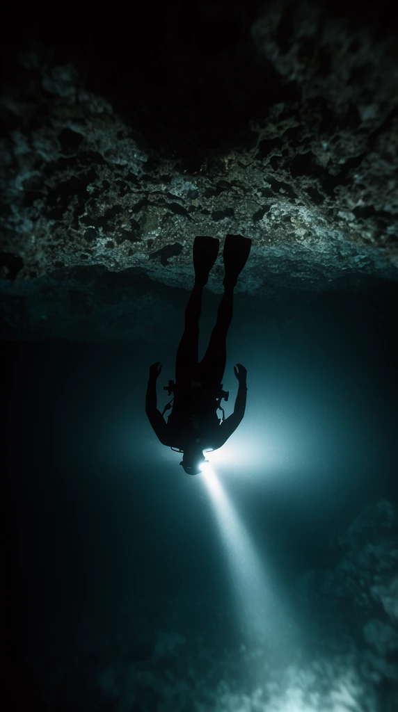 silhouetted diver suspended upside down under a rocky cave ceiling, bright headlamp casting a volumetric beam into pitch-black murky water, dark teal tones, high contrast cinematic underwater photography