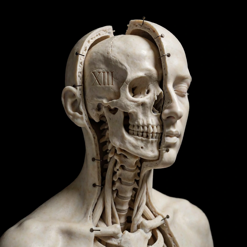 A complex anatomical sculpture depicts a bisected human head and neck, revealing an internal skull and spinal column against a solid black background. The sculpture, rendered in a monochromatic ivory-colored material, shows a human bust from the shoulders up with the outer skin and bone of the head split open like a hinged casing. Within the cranial cavity, a second, smaller skull is visible, featuring a prominent Roman numeral "XIII" engraved in a serif font on its lateral surface. The outer face, visible in profile on the right, has closed eyes and a serene expression. Along the split edges of the outer skull, several small, dark metal pins are embedded, holding the sections open. The neck is also partially opened to reveal the cervical vertebrae and twisted, cord-like muscular structures leading down toward the chest. Soft, directional lighting from the upper right creates deep shadows within the hollows of the sculpture, highlighting the intricate textures of the bone and internal anatomy. The composition is a centered, close-up shot that emphasizes the contrast between the smooth outer skin and the detailed internal structures.