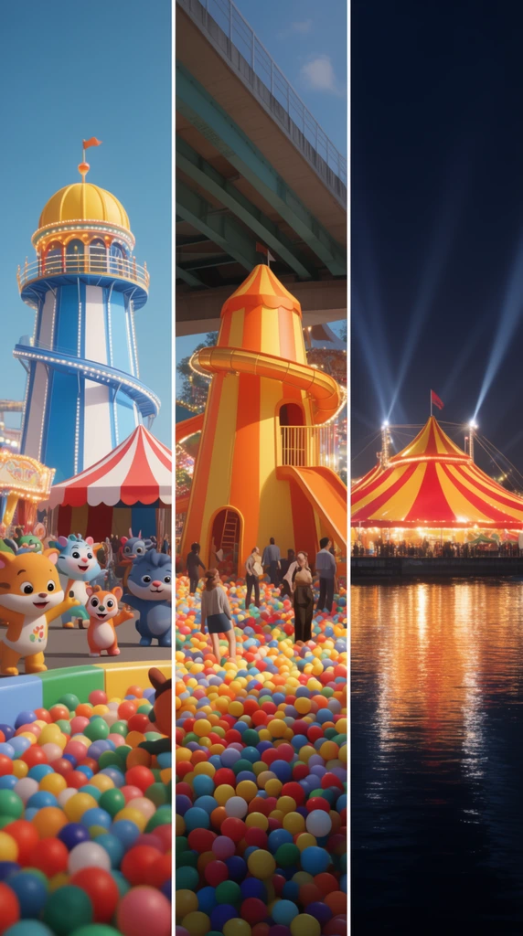 A triptych of vibrant 3D architectural renderings of a carnival amusement park. The left panel shows a blue and white striped tower topped with a yellow dome, decorated with cartoon animal figures near a striped tent. The center panel features a colorful ball pit surrounding an orange and yellow striped play structure with a slide, populated by figures beneath an overpass. The right panel captures a nighttime waterfront view, with a brightly illuminated red and yellow main tent casting glowing reflections on the dark water under sweeping spotlights.