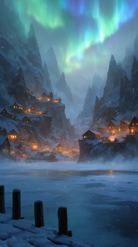 snowy village built into steep jagged mountain cliffs at night, warm amber light glowing from scattered wooden houses, vibrant green and blue aurora borealis across a hazy sky, frozen lake foreground with dark wooden dock pilings, blowing snow, cinematic fantasy landscape, digital painting, cool icy blue palette contrasting with orange lights