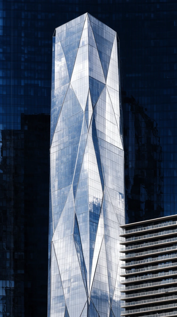 A soaring glass skyscraper features multifaceted geometric panels reflecting a bright sky. Intersecting diagonal lines create striking diamond and triangular patterns across its luminous silver-blue facade. The central tower stands against a massive, deep blue-black glass building filling the background with dark reflections. In the lower right, a shorter multi-story structure with horizontal balconies provides scale. The architectural photography highlights a cool palette of deep navy and striking silver-white, emphasizing high-contrast textures and crisp structural grids.