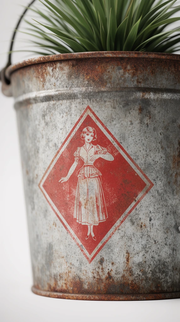weathered galvanized metal bucket, heavily rusted mottled gray patina, faded red diamond graphic illustrating a standing woman in vintage style, spiky green plant leaves spilling over the top rim, seamless white background, close-up macro photography, shallow depth of field, soft diffused studio lighting, highly detailed surface imperfections