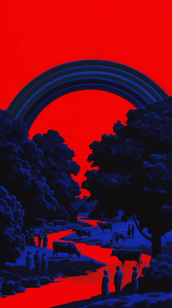 A sweeping rainbow arching over a dense grove of trees, a winding stream, grazing cows, and standing men and women, all rendered as stark, deep navy blue and pitch-black three-dimensional forms against an intensely saturated, flat crimson red background. The entire landscape and its inhabitants are executed in a striking duotone graphic style, defined by heavy, inky shadows and vibrant, luminous blue edge highlights that give the dark subjects a smooth, sculptural, almost velvety texture. The stream cuts through the stylized terrain where the tiny figures of the men, women, and cows are arranged, every element cast in the exact same monochromatic dark blue palette, completely isolated within a blinding, edge-to-edge solid red void. The high-contrast composition features dramatic, stylized directional lighting that perfectly separates the dense, dense foreground elements from the vibrant, untextured red expanse behind them, creating a bold, surreal, minimalist poster aesthetic.