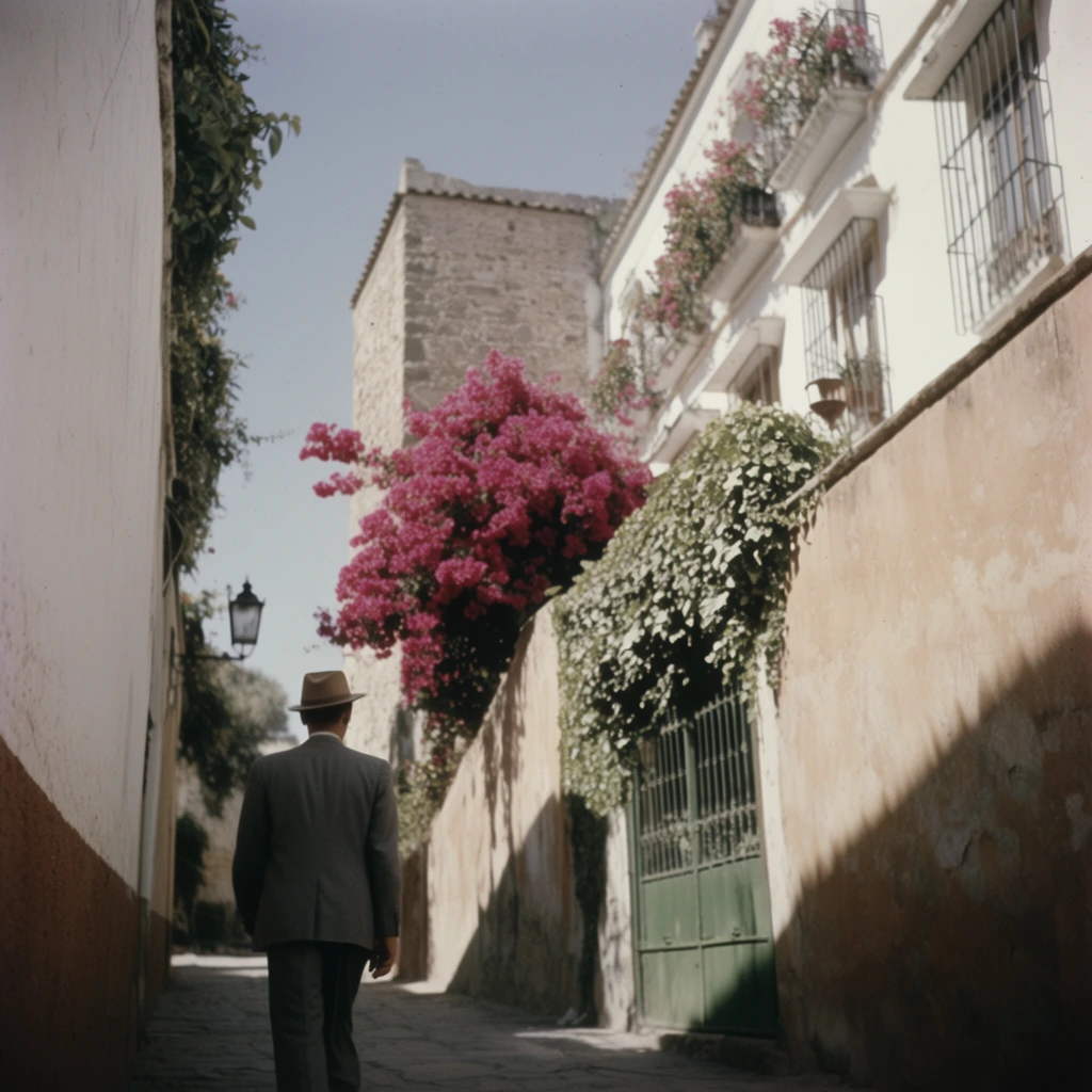 A man wearing a grey suit and tan fedora walks away down a narrow, sunlit alleyway. Tall stucco buildings flank the stone path beneath a pale blue sky. The left wall features a white surface with a brown base, a black iron lantern, and overhanging greenery. The right side transitions from a weathered tan wall with an ivy-covered green gate to a bright white facade adorned with barred windows and balconies spilling with pink flowers. Intense overhead sunlight casts deep, sharp diagonal shadows across the lower right wall and ground. A square stone tower rises in the background behind a vibrant burst of overhanging magenta bougainvillea. The vintage 35mm cinematic photograph utilizes a low tracking angle, deep depth of field, and a warm, slightly desaturated color palette to anchor the solitary figure within the high-contrast architectural setting.