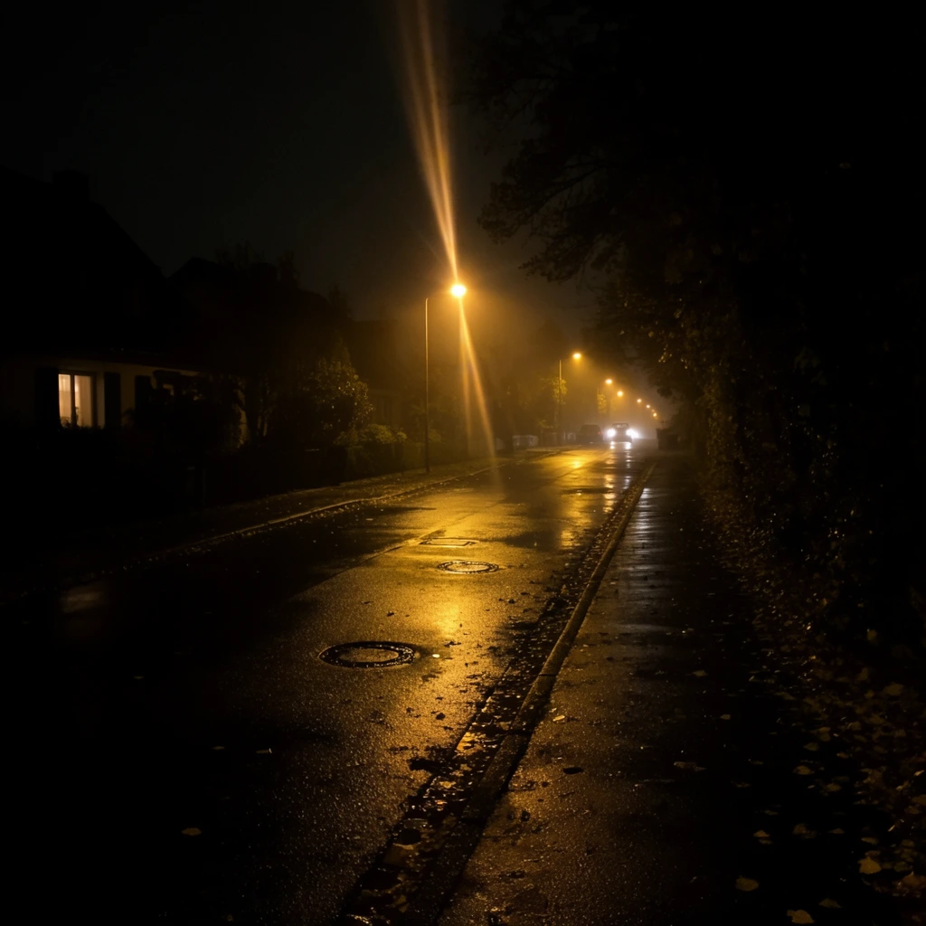 A wet residential street reflects the warm amber glow of streetlamps on a dark, misty night. The glossy asphalt road, dotted with dark manhole covers and scattered fallen leaves, stretches toward the faint headlights of a distant car. A paved sidewalk borders a dense line of silhouetted trees on the right, while heavy shadows obscure a house on the left, save for a single softly lit window. High-contrast low-light photography captures deep, impenetrable blacks against vibrant yellow-orange highlights. A striking vertical lens flare shoots upward from the primary light source, cutting through the atmospheric haze. The rain-slicked surfaces create elongated, shimmering reflections that enhance the moody, cinematic ambiance of the neighborhood.
