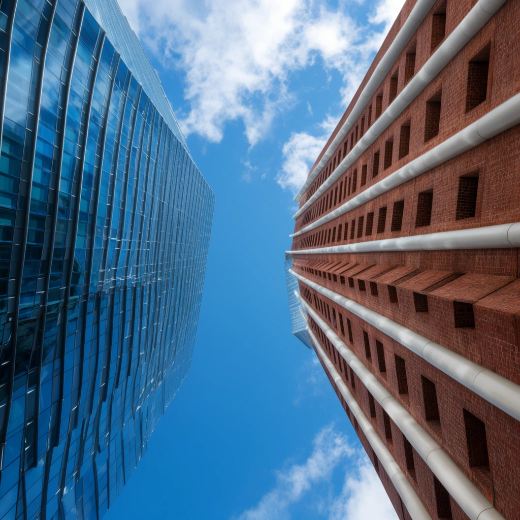 worm's-eye view of two contrasting skyscrapers, modern blue glass facade on left, reddish brick building with white cylindrical columns on right, bright blue sky with scattered clouds, sharp architectural geometry, vertical converging lines