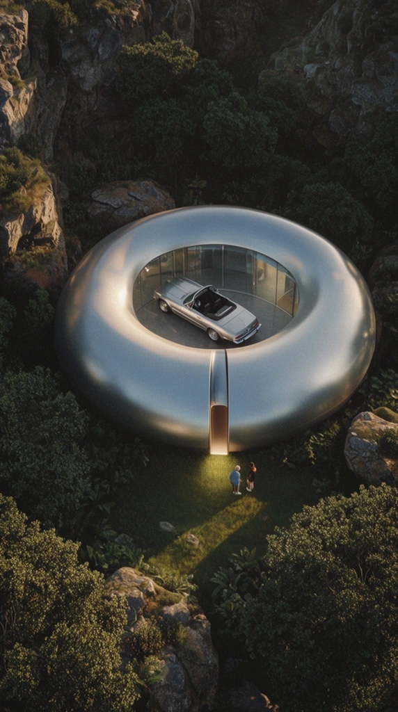 An aerial view reveals a futuristic, metallic torus-shaped structure nestled within a dense, rocky forest. The silver, donut-like architectural pod features a smooth, reflective outer shell and a transparent glass-enclosed central courtyard containing a vintage silver convertible car. A narrow vertical entrance slit emits warm light onto the grass where two small figures stand. The habitat is surrounded by lush dark green foliage, rugged boulders, and steep cliff faces. Rendered in a photorealistic architectural style from a bird's-eye perspective, dramatic low-angle sunlight casts deep shadows across the wild terrain and highlights the gleaming curves of the pod, combining a subtle cinematic film grain with the stark juxtaposition of hyper-modern design and untamed wilderness.