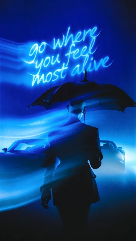 cinematic long exposure, electric cobalt and cyan monochromatic color grade, silhouette of a person with an umbrella walking toward a glowing neon sign reading "go where you feel most alive", aggressive horizontal shutter-drag motion blur, light trails streaking across the frame, high-contrast chiaroscuro with deep ink-black shadows, faint blurred car outlines in the background, ethereal luminescent glow, soft film grain, futuristic avant-garde atmosphere, diffuse highlights.