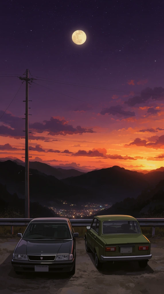 two retro cars parked on a mountain overlook at dusk, dark gray sedan facing forward, olive green boxy car facing away, metal guardrail, distant city lights glowing at the dark mountain base, deep purple starry sky with a bright moon fading into a vibrant orange sunset, tall utility pole, anime-style digital painting, cinematic lighting