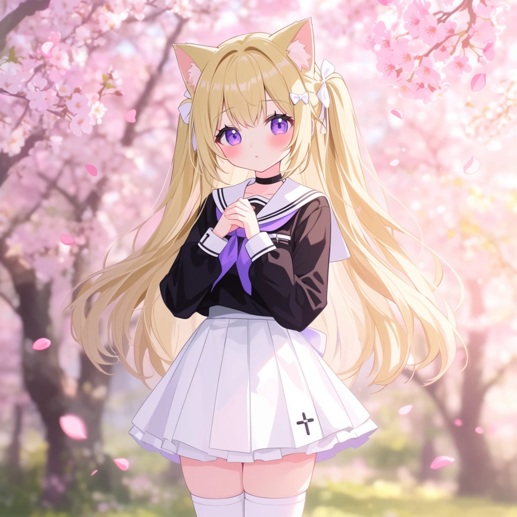 An anime-style illustration of a young girl with cat ears standing amidst blooming cherry blossoms. The girl has long, flowing blonde hair tied into twin tails with white hair accessories, and prominent feline ears matching her hair color. Her large, expressive eyes are a striking purple, and her cheeks are flushed pink. She wears a sailor-style school uniform consisting of a black long-sleeved top with a white collar and purple ascot, a white pleated skirt adorned with a small cross detail near the hem, and white thigh-high socks. Her hands are clasped gently in front of her chest. The background is a soft-focus, idyllic outdoor scene with numerous cherry blossom trees in full bloom, bathed in warm, ethereal sunlight. Several pink petals are captured falling gently around her, enhancing the dreamy, romantic atmosphere of the composition.
