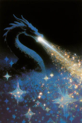 Prismatic Cosmic Retro-Surrealism style reference image — analog film grain