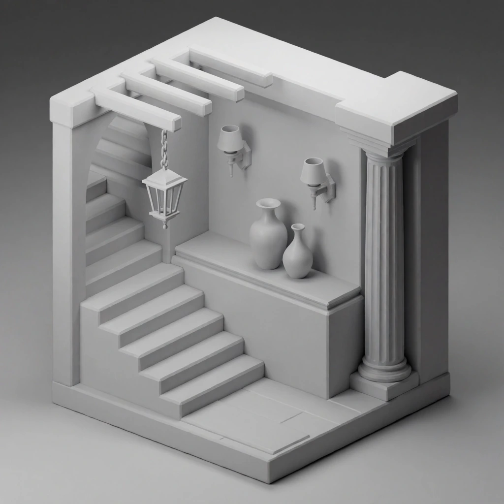 Monochromatic gray isometric 3D clay render of an architectural diorama. A staircase ascends beside a recessed wall framed by a classical pillar. Smooth vases rest on a central ledge beneath wall sconces, while protruding beams support a hanging lantern on a chain. Soft ambient occlusion lighting highlights the clean, beveled geometric forms.