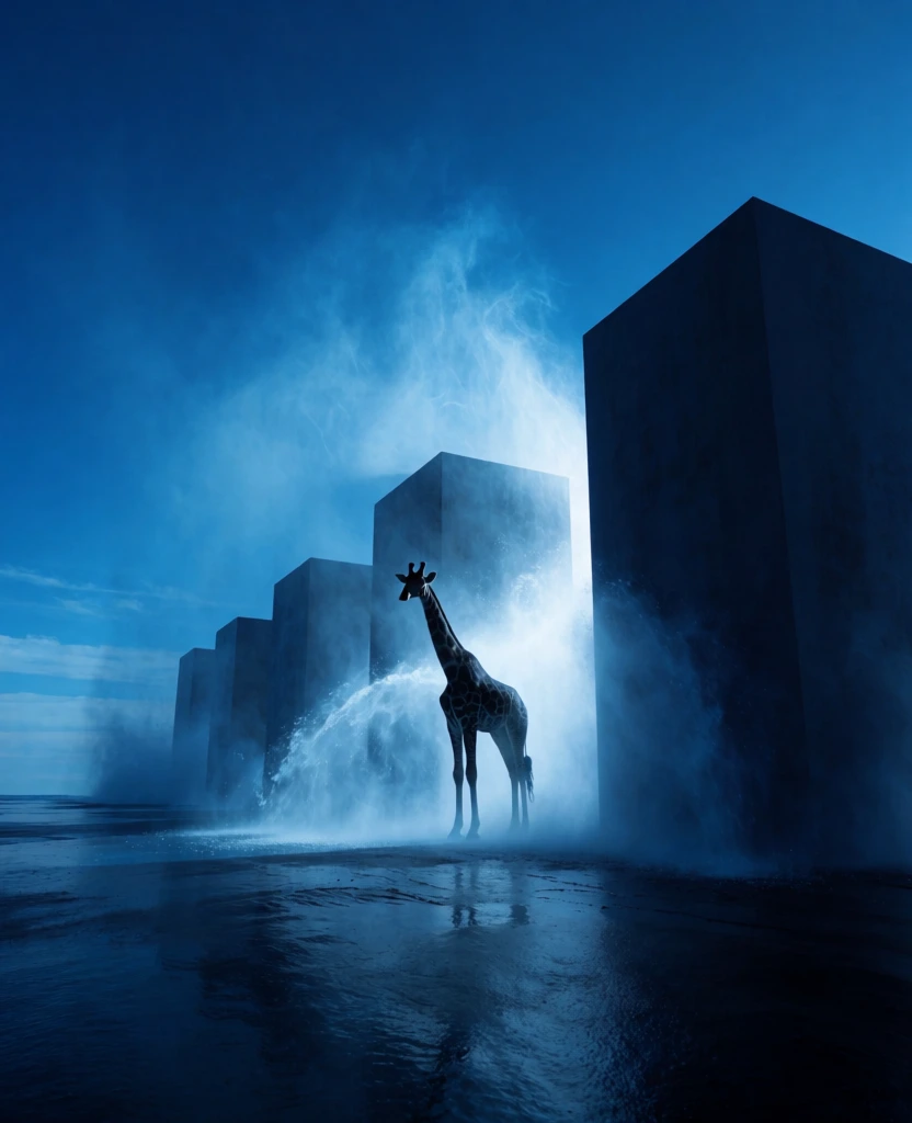 majestic giraffe silhouette centered in a monochromatic blue world, standing before towering monolithic rectangular blocks, ethereal cyan and deep navy color palette, dramatic backlighting illuminating swirling mist and frothy spray, reflective water surface with ripples, high-contrast brutalist composition, surrealist scale, cinematic atmosphere, low angle perspective, minimalist aesthetic, evocative dreamscape, cold tones, sharp architectural edges.