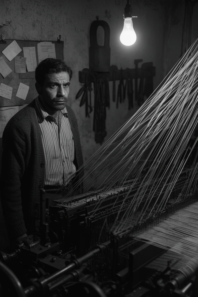 A black and white photograph of a man in a dimly lit workshop standing beside a complex mechanical loom with dense angled wires. He wears a cardigan and striped shirt, staring solemnly. A bare hanging bulb casts harsh shadows against a textured wall displaying pinned papers and hanging tools, creating a moody, high-contrast atmosphere.