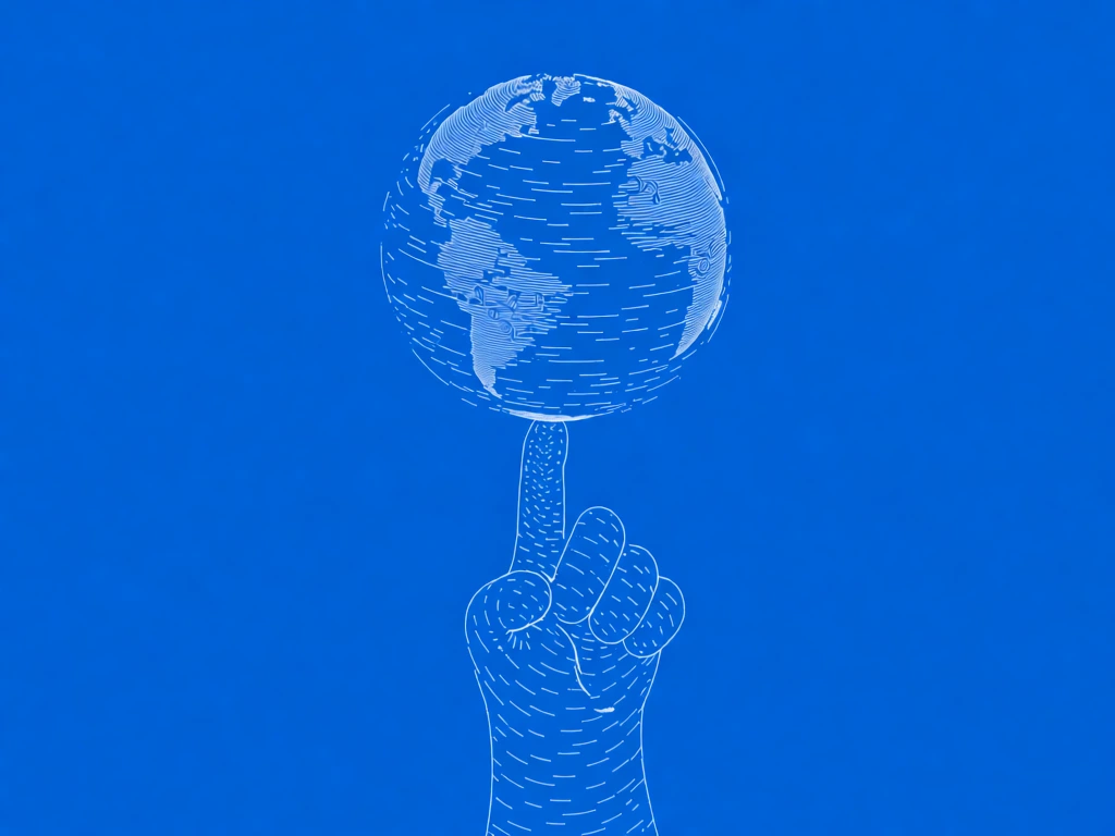 a minimalist technical diagram in white vector lines against a solid flat blue background, featuring a cat spinning a globe on its extended index finger, the subject rendered in the style of a pulsar map using fragmented lines and binary-like dashes, intricate hatch marks depicting rotation and surface texture, clean astronomical aesthetic, centered composition, high-contrast blueprint look, simplified geometric forms, delicate linework, devoid of shading or gradients.