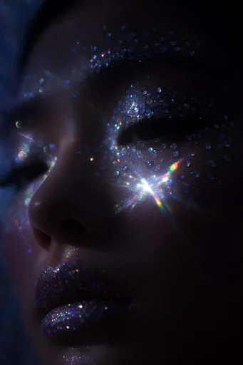 Celestial Prismatic Macro style reference image — iridescent glitter makeup