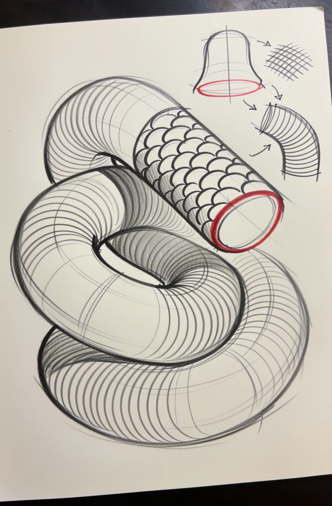 A graphite and red-ink sketch on off-white paper illustrates a complex, coiled cylindrical form with cross-contour lines defining its three-dimensional volume. The main subject is a large, snake-like or tube-like structure that twists and winds upon itself, dominating the center of the frame. It is rendered primarily in graphite pencil, using numerous curved, parallel lines that wrap around the form to accentuate its roundness and depth. A specific segment towards the top right of the main coil features a detailed pattern of overlapping, semi-circular scales, while the flat circular opening at the very end of this section is outlined with a bold red stroke. In the upper right corner of the page, several smaller instructional diagrams provide a breakdown of the form's construction. These auxiliary sketches include a bell-shaped outline with a red circular base, a small patch of cross-hatched lines, and a curved, ribbed section of the tube, all interconnected by thin graphite arrows. The perspective is a direct, top-down view of the paper, which rests on a dark, indistinct surface visible at the top and bottom edges. The lighting is soft and even, highlighting the texture of the paper and the varying weights of the pencil lines, which range from light preparatory marks to darker, more defined contours. The color palette is strictly limited to the grayscale of the graphite and the vibrant red of the ink accents.