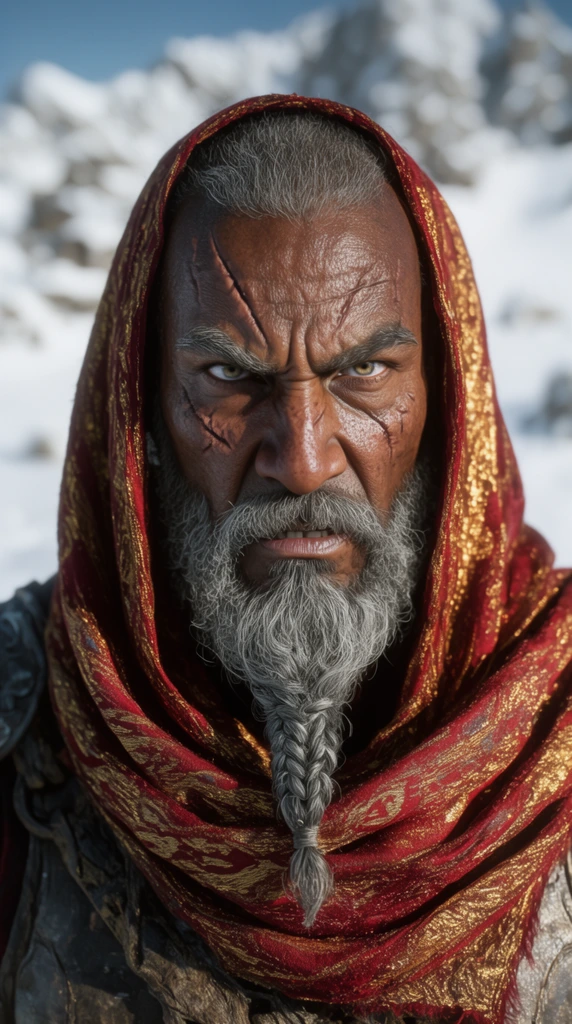 close-up portrait of an older battle-scarred warrior with deep-toned skin and a gray braided beard, fierce glaring scowl, wearing a textured crimson and gold silk scarf draped over the head, stark bright snowy tundra background with heavy bokeh, cinematic lighting, sharp focus on the eyes, high-resolution photography, hyper-detailed skin texture