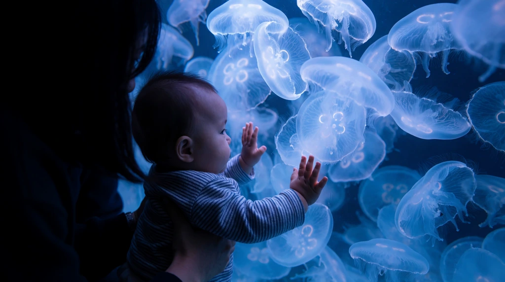 A baby presses both hands against a glass tank densely packed with glowing translucent blue moon jellyfish. Wearing a striped long-sleeved shirt, the child is supported by an adult silhouetted in deep shadows on the left. Ethereal cool blue light radiates from the bell-shaped marine life, illuminating the baby's profile against the pitch-black environment in this high-contrast photograph.