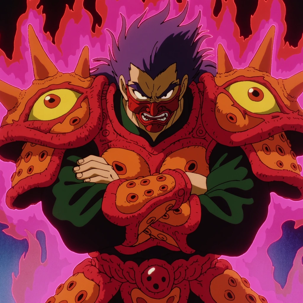 1990s traditional cel animation, fierce male warrior with crossed arms, elaborate red and orange bio-organic armor, massive spiked shoulder pads featuring yellow eye motifs, red mask, purple hair, dark green sleeves, chaotic pink and magenta fiery energy aura, vibrant retro anime aesthetic