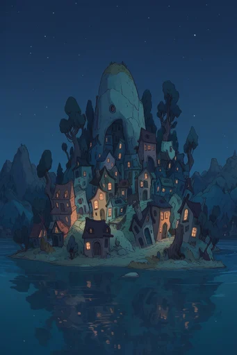 Nocturnal Storybook Noir style reference image — whimsical crooked architecture