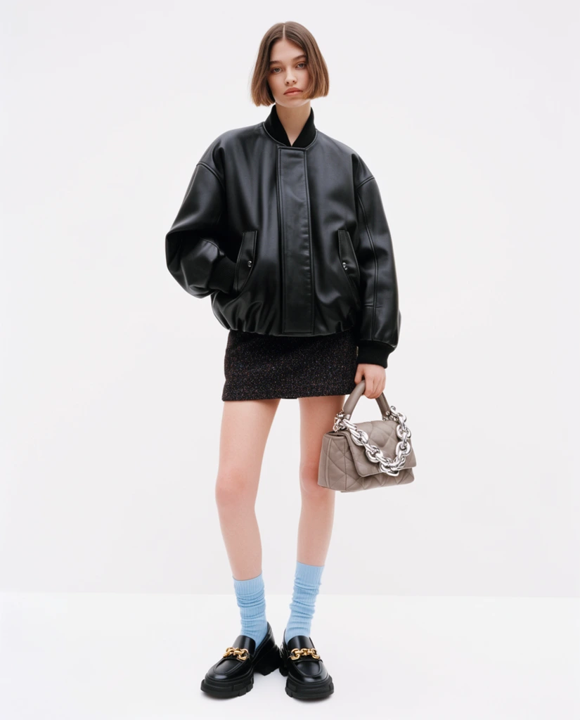 full-body fashion portrait of a young woman with a short brown bob, neutral gaze, oversized black leather bomber jacket, dark textured mini skirt, holding a taupe quilted handbag with chunky silver chain handle, light blue ribbed scrunched socks, black chunky leather loafers with gold hardware, stark white seamless studio background, soft diffused high key lighting, crisp focus, minimalist editorial photography