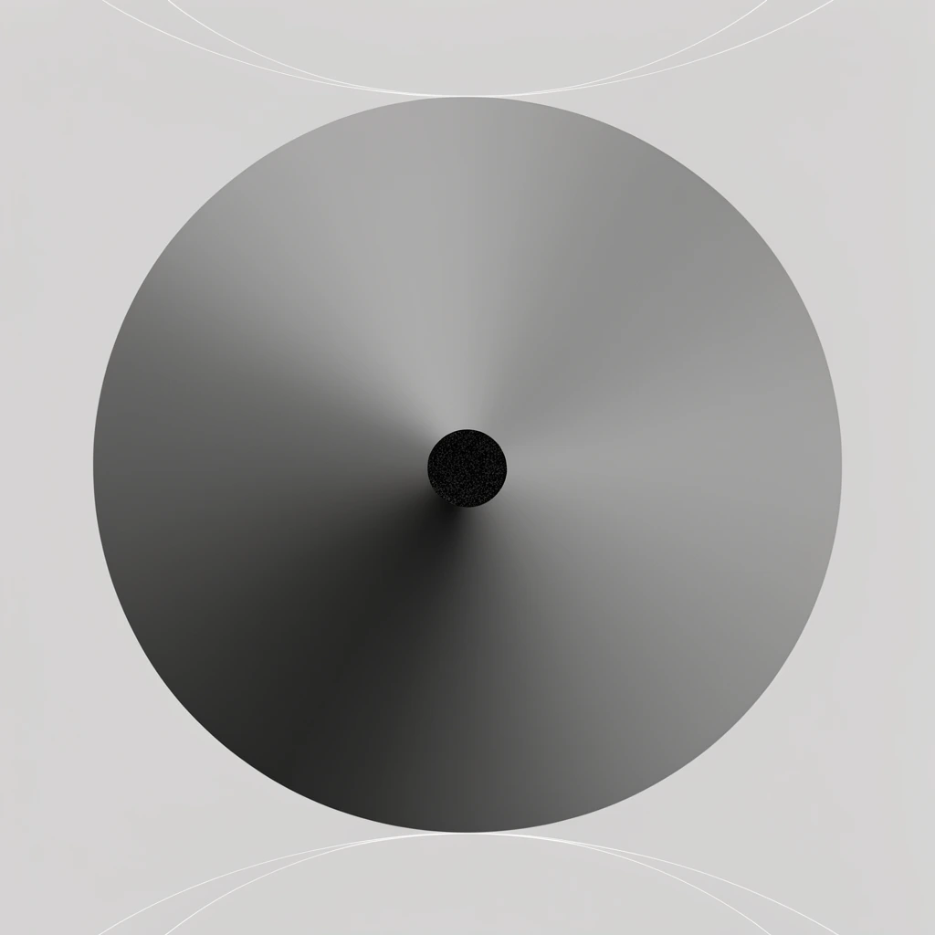 abstract minimalist composition, central gray circle with smooth radial 3D gradient, small textured black circle at precise center, flat light gray background, faint white circular construction lines curving above and below, monochromatic graphic design, perfect symmetry