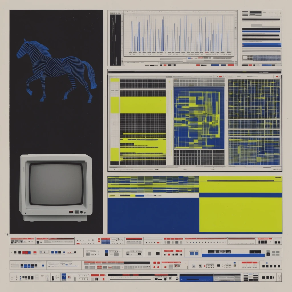 dense retro-futuristic technical infographic collage, off-white background, dark vertical panel containing a blue and black wireframe striped horse, light grey vintage CRT monitor, complex rectangular grids, abstract data visualization charts, bright yellow-green and deep blue geometric blocks, lower section featuring horizontal control board layouts with small red and blue accents, flat graphic illustration style, 1980s computer interface aesthetic, intricate geometric layout
