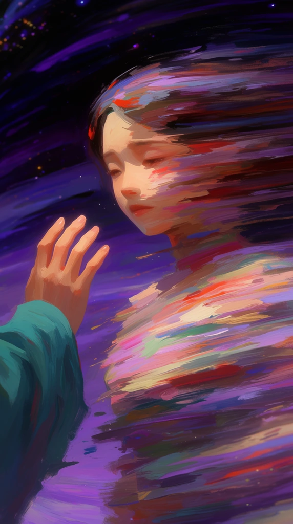 hand in a teal sleeve reaching toward a dissolving woman, expressive digital painting, woman's face and body smearing into aggressive horizontal streaks of paint, gentle melancholic expression, dynamic swirling background of deep purples and dark blues, heavy impasto brushwork, ethereal atmosphere, horizontal motion blur, glowing specks in a dark void, warm directional lighting against cool shadows